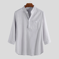 INCERUN Mens Shirts Linen Casual Roll Sleeve Loose Buttons Pullover Henley Shirts Summer Daily Casual Shirts