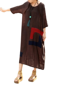 O-NEWE Loose Women Patchwork Contrast Color Midi Dress