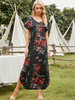 V-Neck Short Sleeve Pocket Flower Split Maxi Dress