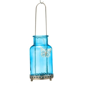 Blue Glass T-Light Jar with Silver Butterfly