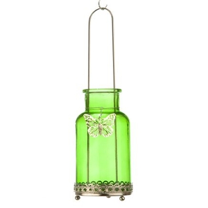 Green Glass T-Light Jar with Silver Butterfly