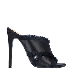 Amarie Frayed Heel Mule In Black Satin