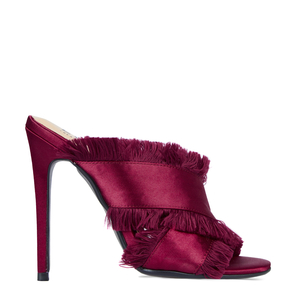 Amarie Frayed Heel Mule In Maroon Satin