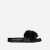 Amil Faux Fur Lined Black Rubber Slider With Fluffy Trim,  Women