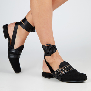Arwen Lace Up Flat Mule In Black Faux Suede