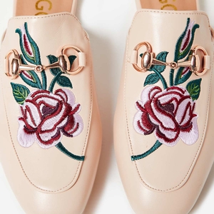 Cheska Floral Embroidered Flat Mule In Nude Faux Leather