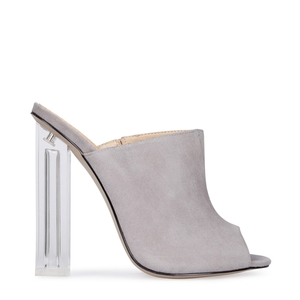 Elisa Perspex Heel Mule In Grey Faux Suede