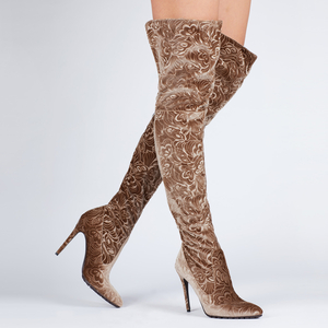 Fliss Floral Applique Over The Knee Boot In Mocha Velvet