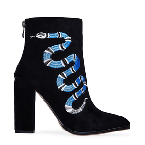 Kassia Blue Snake Ankle Boot In Black Faux Suede