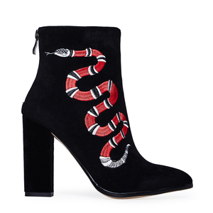 Kassia Red Snake Ankle Boot In Black Faux Suede