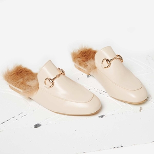 Leona Faux Fur Lined Flat Mule In Nude Faux Leather