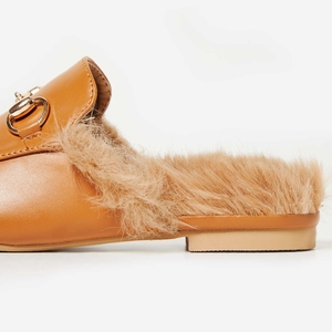 Leona Faux Fur Lined Flat Mule In Tan Faux Leather