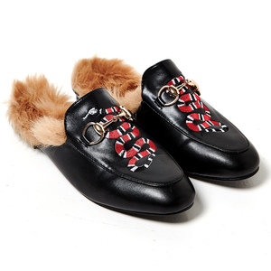 Leona Snake Embroidered Faux Fur Lined Mule In Black Faux Leather