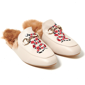Leona Snake Embroidered Faux Fur Lined Mule In Nude Faux Leather