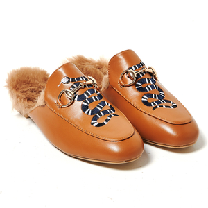 Leona Snake Embroidered Faux Fur Lined Mule In Tan Faux Leather