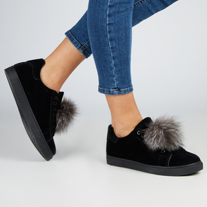 Nieve Pom Pom Lace Up Trainers in Black Faux Suede