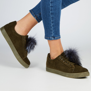 Nieve Pom Pom Lace Up Trainers in Khaki Faux Suede