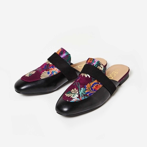 Ria Purple Floral Embroidered Flat Mule In Black Faux Leather