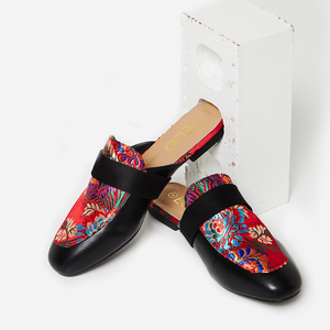 Ria Red Floral Embroidered Flat Mule In Black Faux Leather