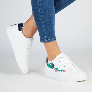 Saffron Floral Embroided Lace Up Trainers With Blue Heel Tab In White Faux Leather