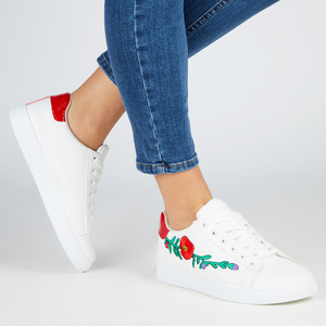 Saffron Floral Embroided Lace Up Trainers With Red Heel Tab In White Faux Leather