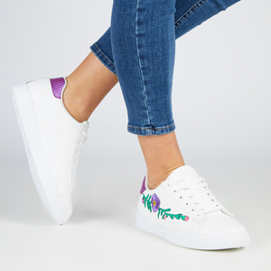 Saffron Floral Embroided Lace Up Trainers With Violet Heel Tab In White Faux Leather