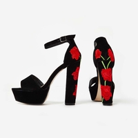 Taya Red Floral Platform Heel In Black Faux Seude