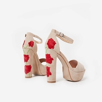 Taya Red Floral Platform Heel In Nude Faux Seude