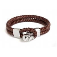 Double Row Leather Skull Bracelet steel and brown