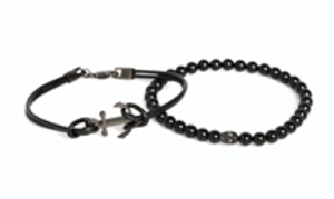 Skinny Anchor Black Leather Bracelet And Onyx Bead Mini Skull Bracelet Set