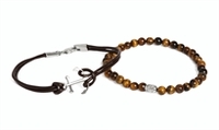 Skinny Anchor Leather Bracelet And Mini Skull Tigerseye Bead Bracelet Set