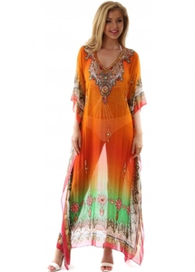 Chiktones Jewelled Beaded Orange & Green Long Maxi Kaftan