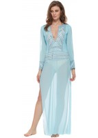 Holt Kim Hand Painted Turquoise,  White & Silver Long Kaftan