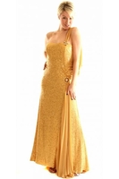 Pia Michi Gold Sequinned Jewelled Silk Drape Evening Dress