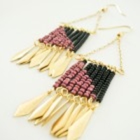 Geometric Beaded Fringe Earrings - Mauve & Black