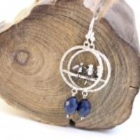 Handmade Woodland Bridesmaid Earrings Set of 4: Silver Lovebirds and Indigo Beads - Wedding Jewelry,  Bridal Jewelry,  Woodland Wedding