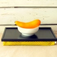 Yellow polka dot beanbag tray- Black with Yellow,  Black polka dot fabric pillow