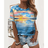 T shirt Femme"idien Fin de semaine Sans Doublure Graphique Paysage Manches Courtes Imprimé Col Rond Hauts Standard Haut de base basique Bleu miniinthebox