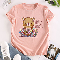 T shirt Femme"idien Fin de semaine Sans Doublure Graphique Texte Ours Manches Courtes Imprimé Col Rond Hauts Standard Haut de base 100% Coton basique Blanche Rouge Jaune miniinthebox