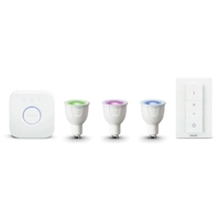 Philips Hue 7W White and Colour Changing LED WiFi GU10 Bulb - Pack of 3 including Hue Bridge and Dimmer Switch