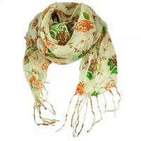 Cream,  Orange,  Brown & Green Roses Long Floral Evening Scarf,  Shawl.