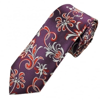 Plum,  Red & Silver Floral Patterned Luxury Narrow Silk Tie