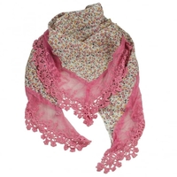 White,  Pink & Apricot Flowers Floral Scarf edged in Pink Lace