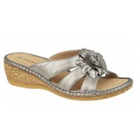 LYLA Ladies Heeled Flower 3 Strap Mule Sandals Pewter