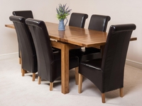 Farmhouse Rustic Solid Oak 160cm Dining Table & 6 Brown Montana Leather Chairs