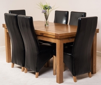 Farmhouse Rustic Solid Oak 200cm Dining Table & 6 Black Lola Leather Chairs