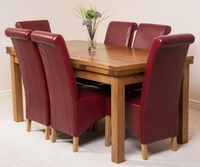 Farmhouse Rustic Solid Oak 200cm Dining Table & 6 Burgundy Montana Leather Chairs