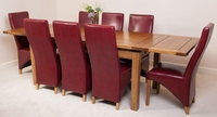 Farmhouse Rustic Solid Oak 200cm Dining Table & 8 Burgundy Lola Leather Chairs