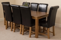 French Rustic Solid Oak 180 cm Dining Table with 8 Black Washington Leather Chairs