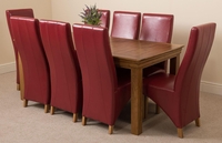 French Rustic Solid Oak 180 cm dining Table with 8 Burgundy Lola Leather Chairs